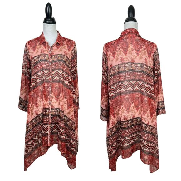 Uncle Frank Red Mixed Print Sheer Chiffon Button Down Asymmetrical Tunic Dress - Picture 1 of 8
